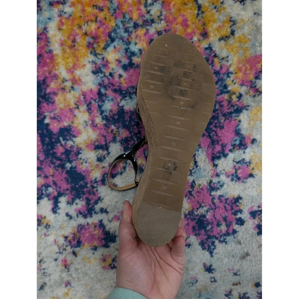 Kate Spade Theodora Black Patent Leather Cork Wedge‎ T-Strap Sandals- Size 10